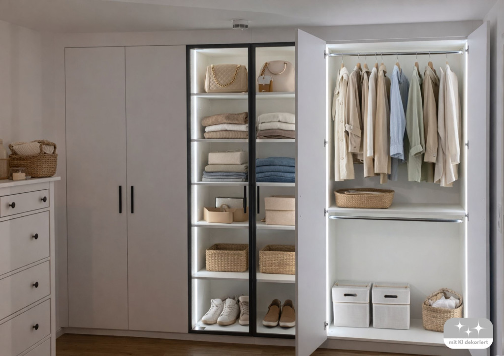 Kleiderschrank mit Glastüren und Beleuchtung